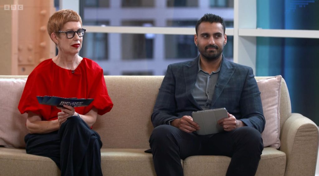 Personal finance expert Sarah Pennells (left) and cybersecurity expert Ax Sharma (right) join BBC Rip-Off Britain's Gloria, Julia and Louise to go over social scams.