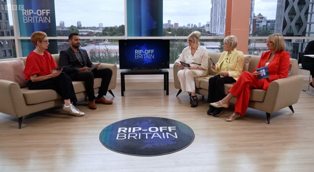 Personal finance expert Sarah Pennells (left) and cybersecurity expert Ax Sharma (right) join BBC Rip-Off Britain's Gloria, Julia and Louise to go over social scams.